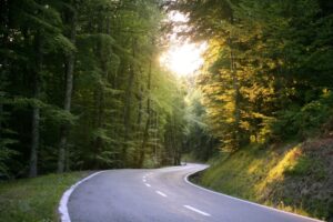 A curvy road going through the mountains 