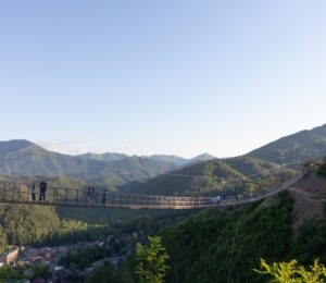 Gatlinburg Skybridge visible in front of mountain scenery 