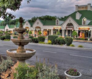 Fountain in front of stores at Tanger Outlets in Sevierville. 